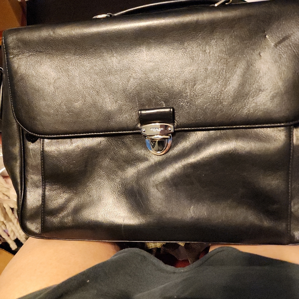 Coach Black Leather Briefcase with Silver Accents